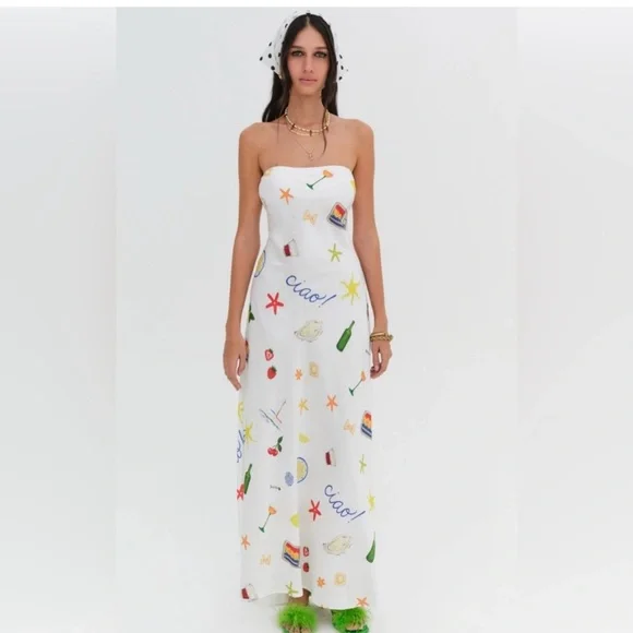 NWT For Love & Lemons Carla Strapless Maxi Dress - white Positano Print-  size M - coffeafoods.com